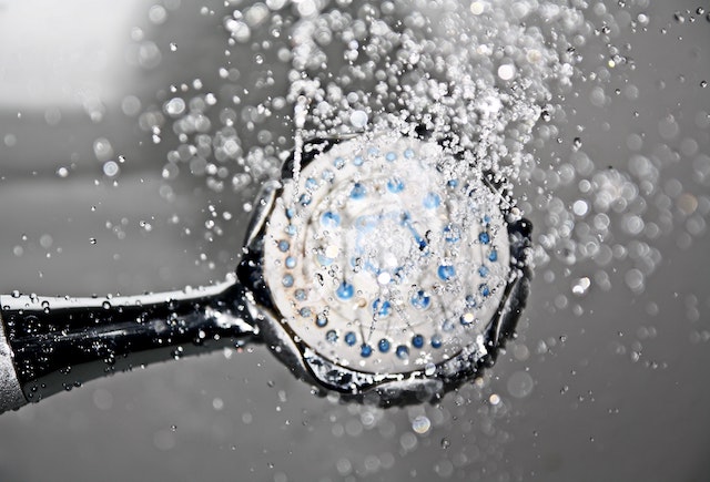 A shower head with running water