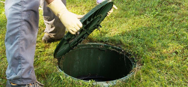 A plumber opening up a septic tank 