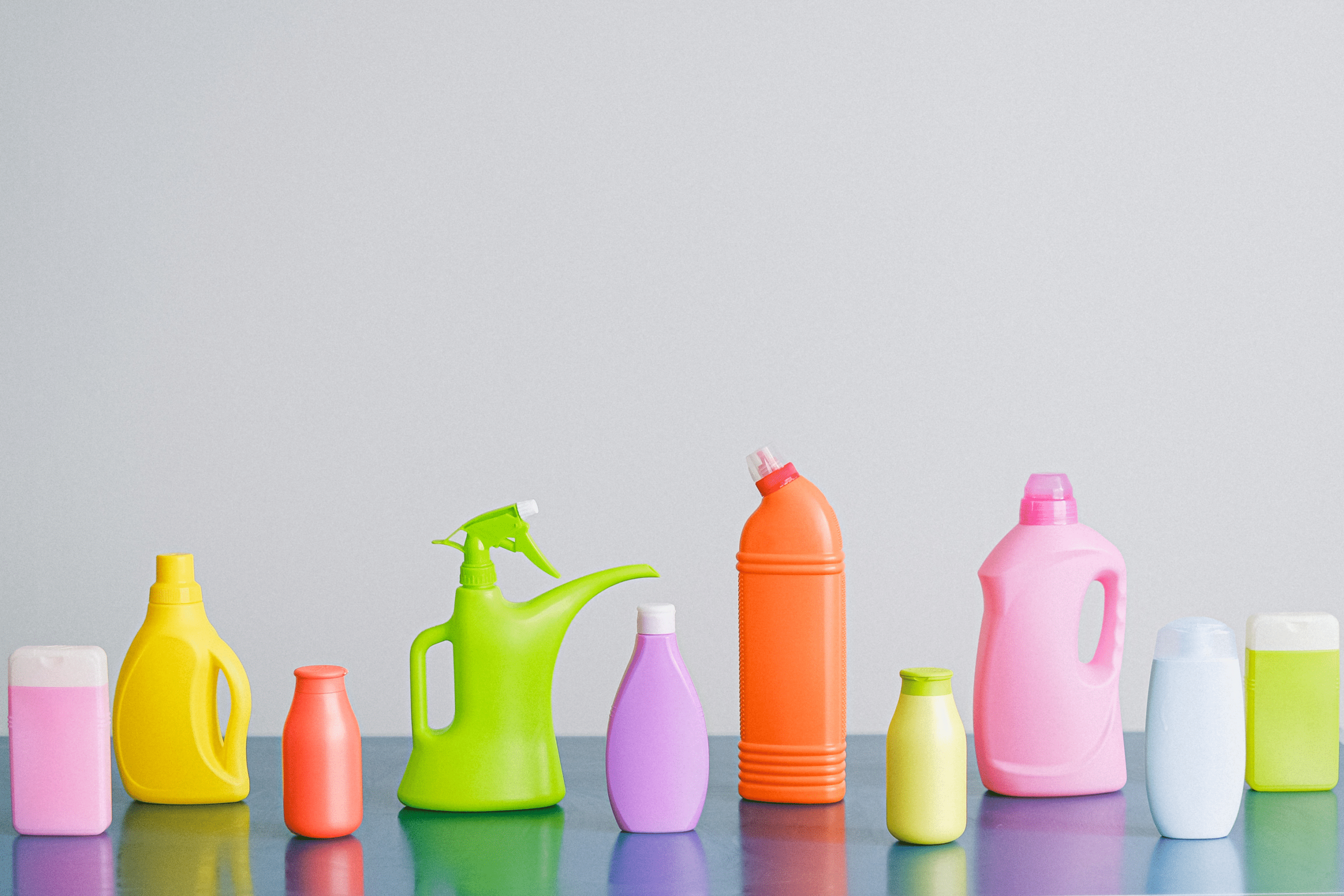 cleaning products, colorful bottles