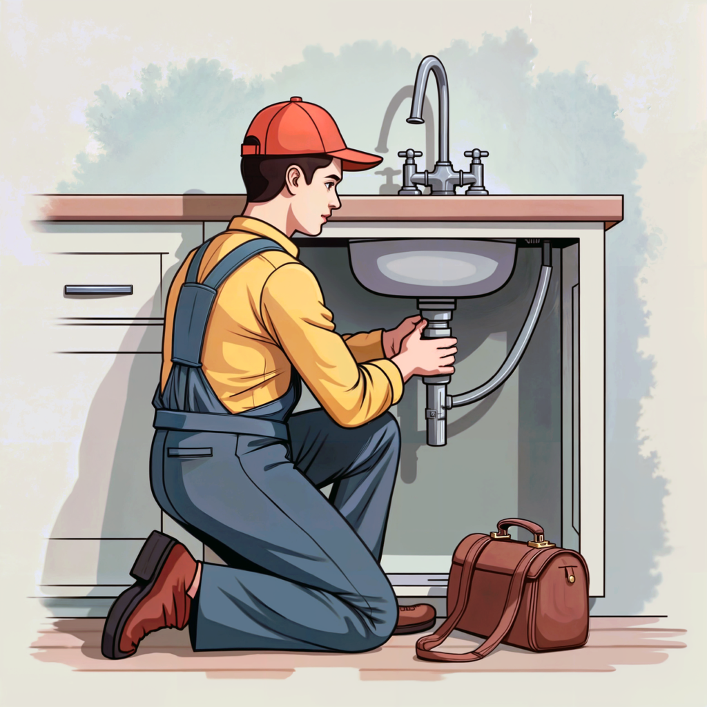 ai generated, plumber, repair, cartoon, pipes, siphon, faucet, man, work, nature, water, repairer, plumbing, sink