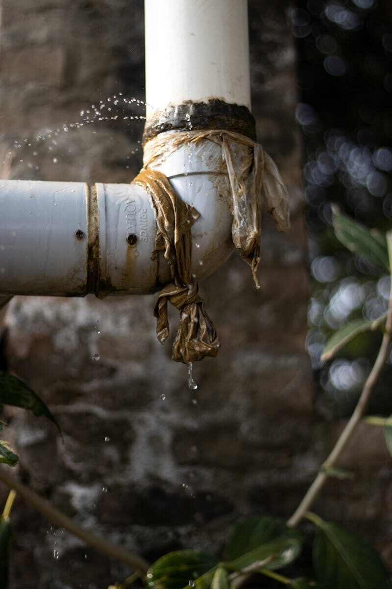 Close-up of a leaking plastic pipe outdoors with water dripping, showing wear and tear.
