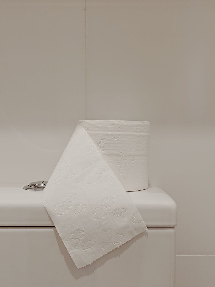 A roll of white toilet paper elegantly displayed on a clean bathroom surface, exuding simplicity.