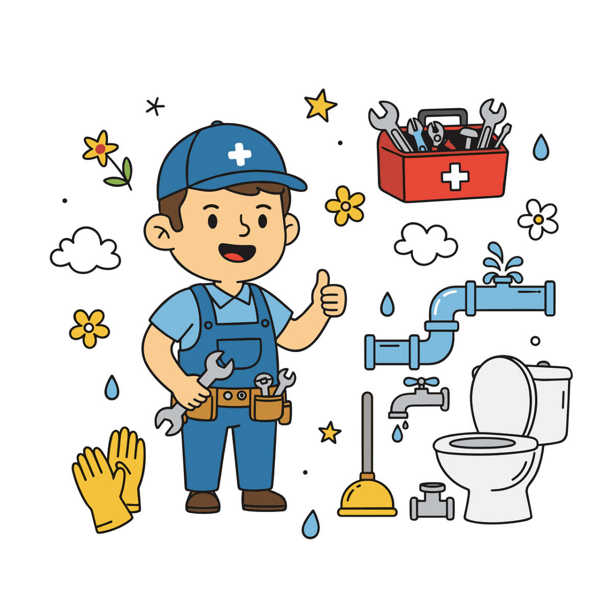 Photo by tanrıca plumber, plumbing, repair, tools, wrench, pipes, faucet, toilet, water leak, handyman, maintenance, service, toolkit, gloves, home repair, cartoon, doodle, cute illustration, profession, worker, technician, water, bathroom, nature, kids profession, ai generated