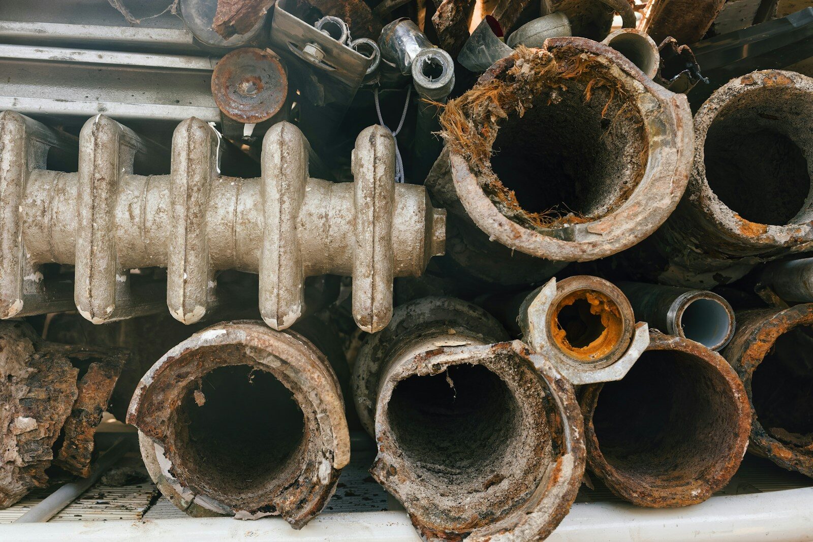 Photo by Eric Prouzet Corroded metal pipes and radiator sections piled together.