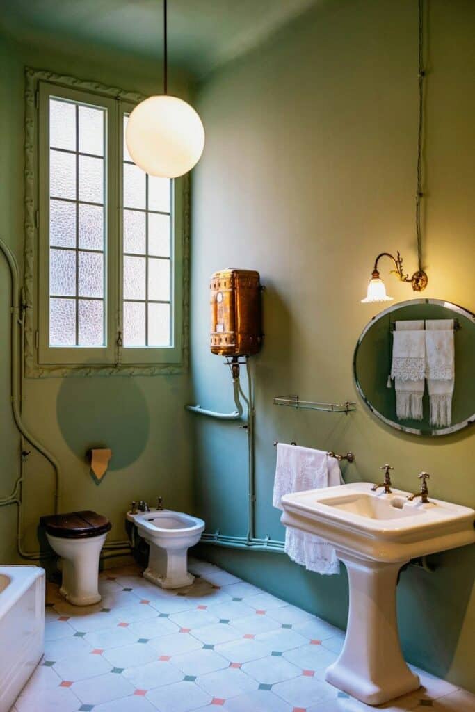 Vintage bathroom with green walls, a window, and classic fixtures